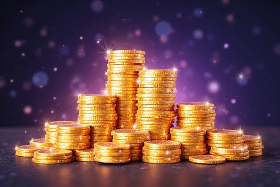 Illustration of virtual chips and coins, sparkling and arranged in stacks, representing virtual currency in a social casino environment.
