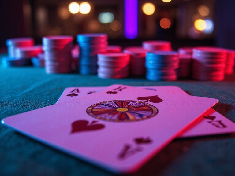 Abstract poker table with chips and cards, neon glow